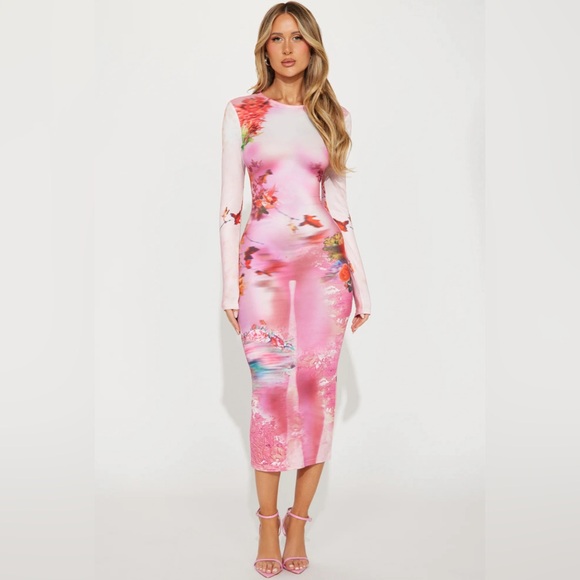 FASHION NOVA DANIELLE LONG SLEEVE MIDI DRESS PINK - Picture 1 of 3